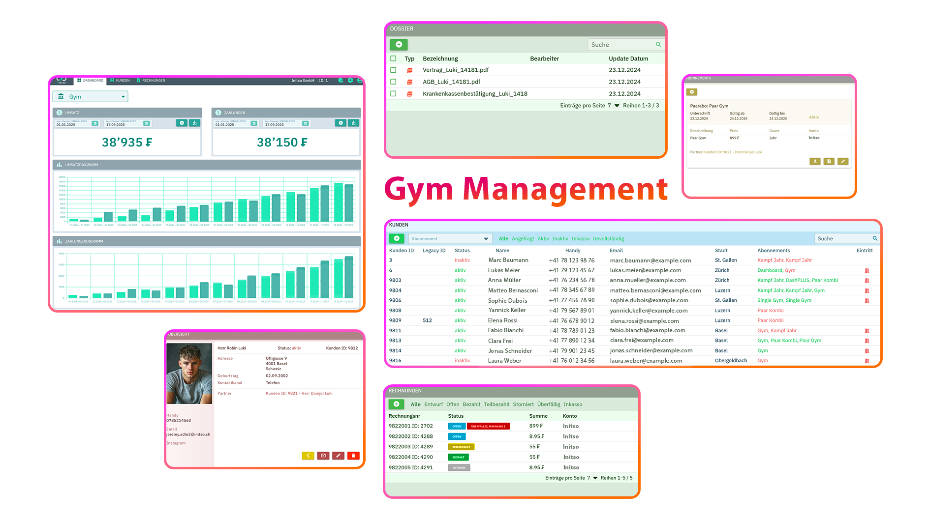 INITSO Gym Management Software interface with dashboard, dossier, subscriptions, customer management, overview and invoices